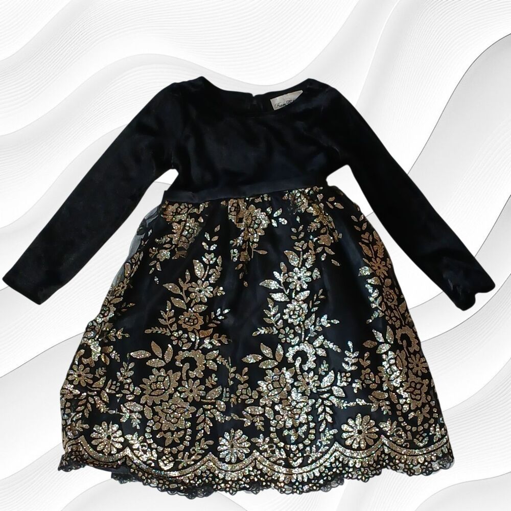 Rare Edition Girl's Fancy Party Dress, Black w/ Gold Glitter, Size 5, NWT
